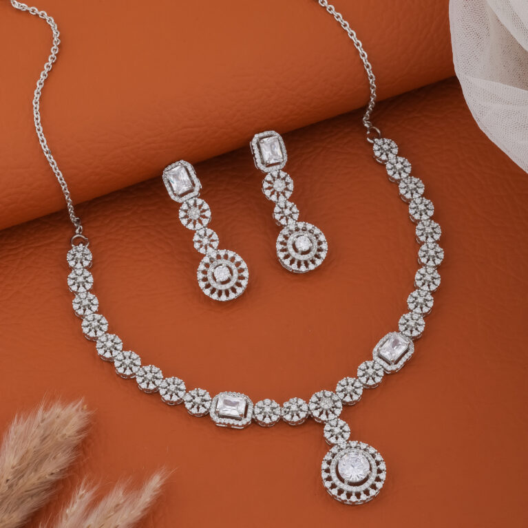 925 Silver Premium Diamond Nacklace & Earrings